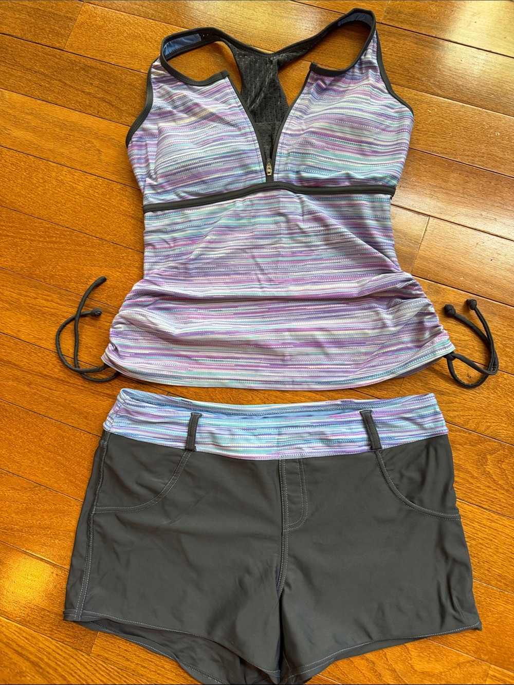 Purple/Turquoise Stripe Tankini Swim Top and Gray Swim Shorts Set